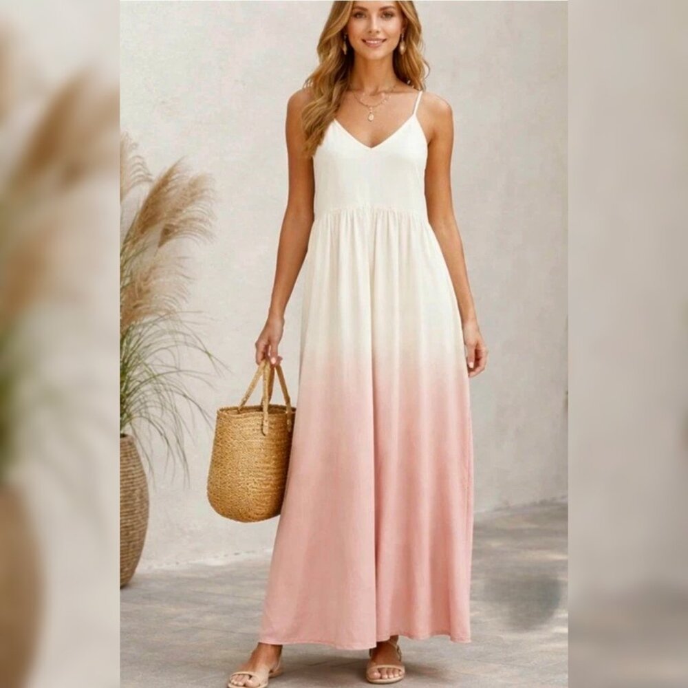 New Z Supply - M Hazy Ombre Pink Blossom Maxi Dress 100%‎ Cotton Resort Beach